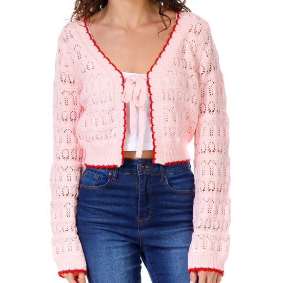 Altar'd State Sweaters - Altar’d State - Tie-Front Crochet Sweater Cardigan in Pink/Red (NWT) - Size : S
